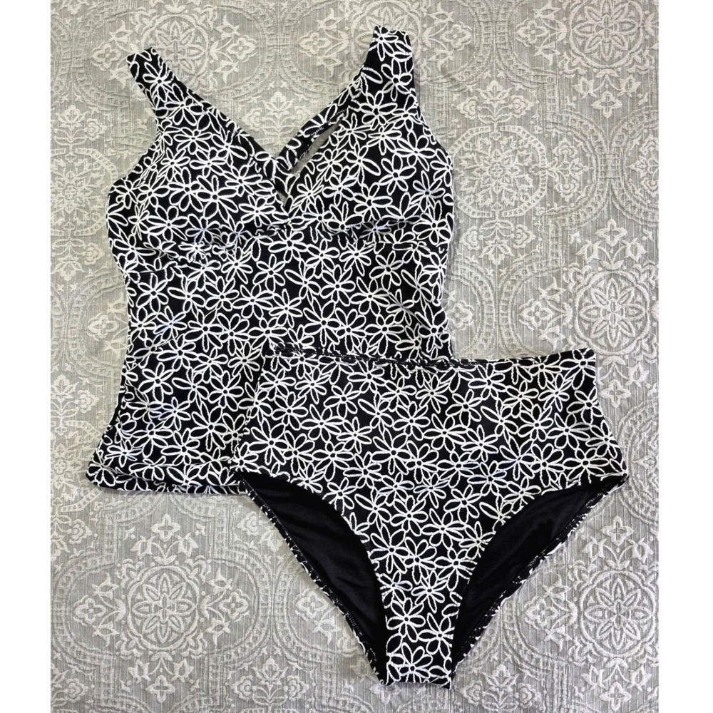 Blooming Jelly Womens Floral Tankini Swimsuit Set Black White Daisy Size L NWT
